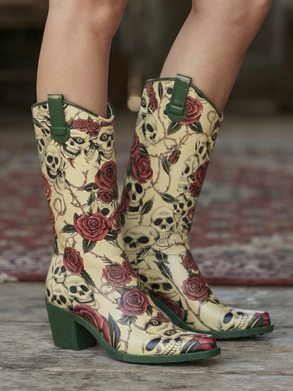 Corkys Edgy Skull Rose Western Cowboy Rain Boots Alternative Grunge Block Heel 8